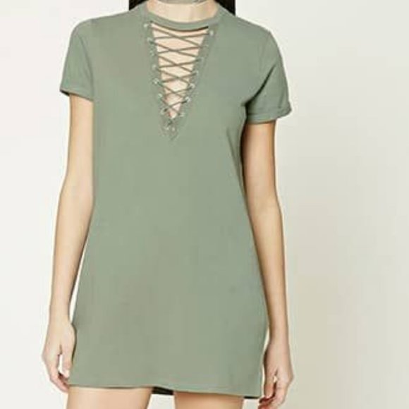 Forever 21 Green Laced up T-shirt Dress - Picture 1 of 2